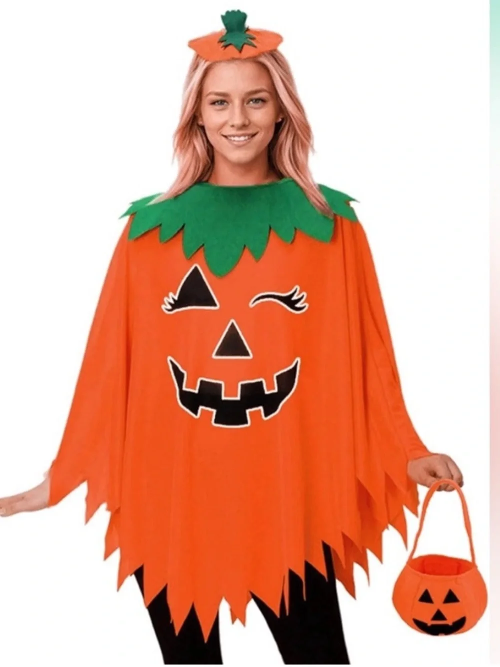 Adult glow in the dark pumpkin Costume with hat and bag